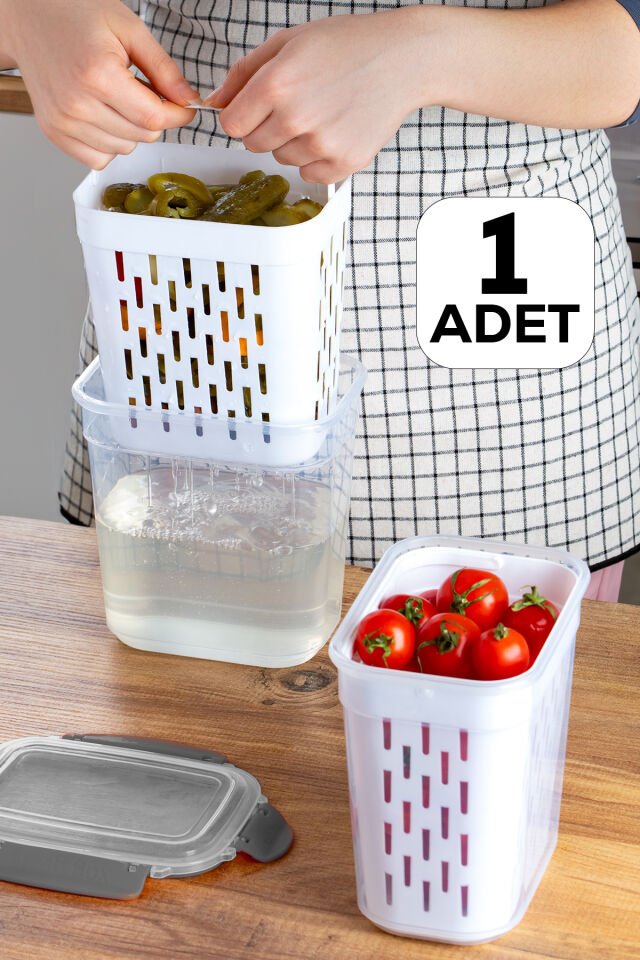 Ferah Plastik Süzgeç Hazneli Saklama Kabı Seti – Kapaklı, Turşu Saklama Kutusu – BPA İçermez