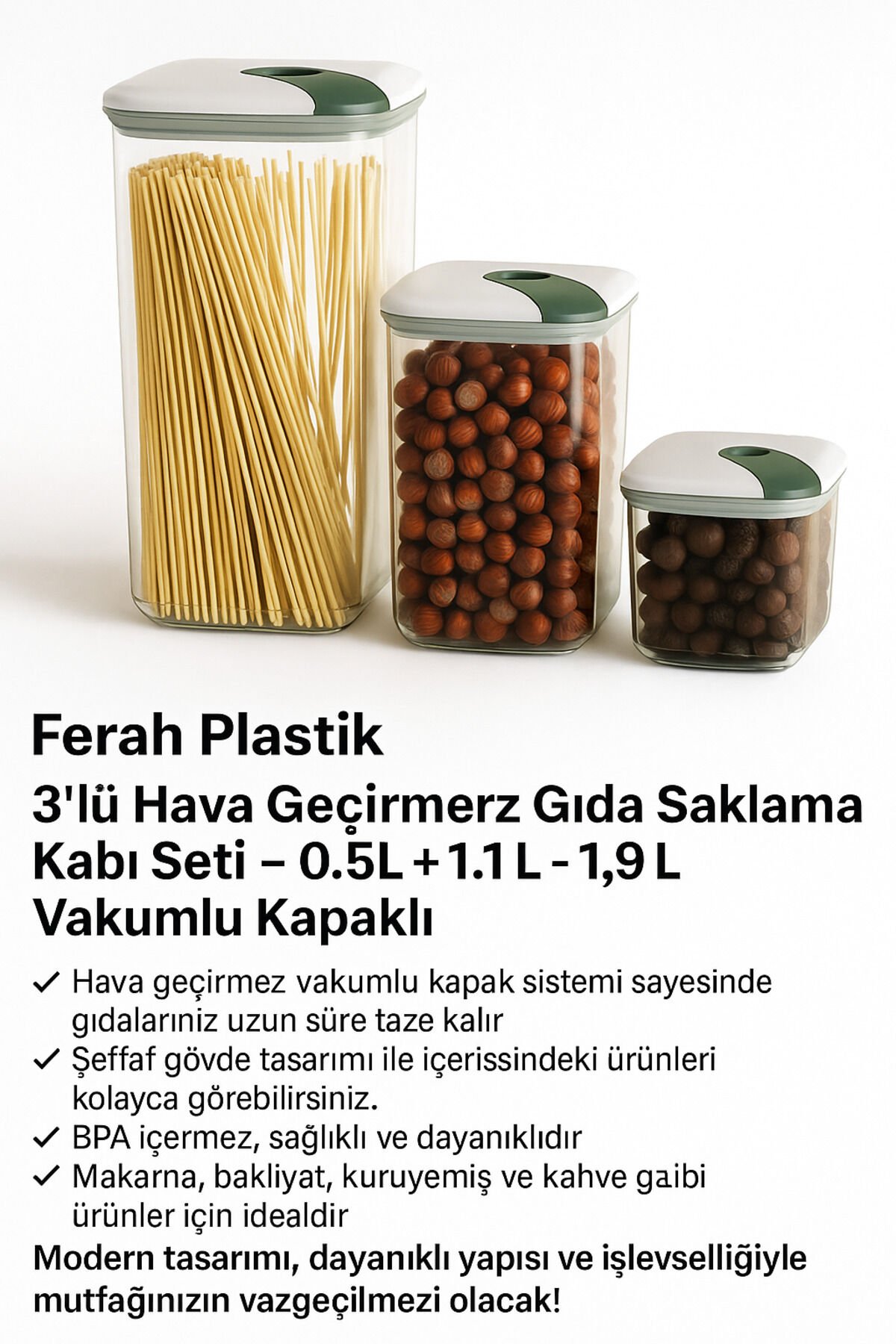 Ferah Plastik 3'lü Hava Geçirmez Gıda Saklama Kabı Seti – 0.5L + 1.1L + 1.9L - Vakumlu Kapaklı