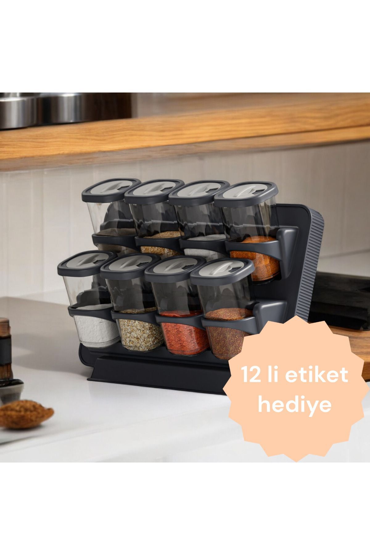 8'li Döner Kapak Baharatlık Seti Standlı Duvara Monte Duvara Monte Döner Kapaklı 8'li Baharatlık