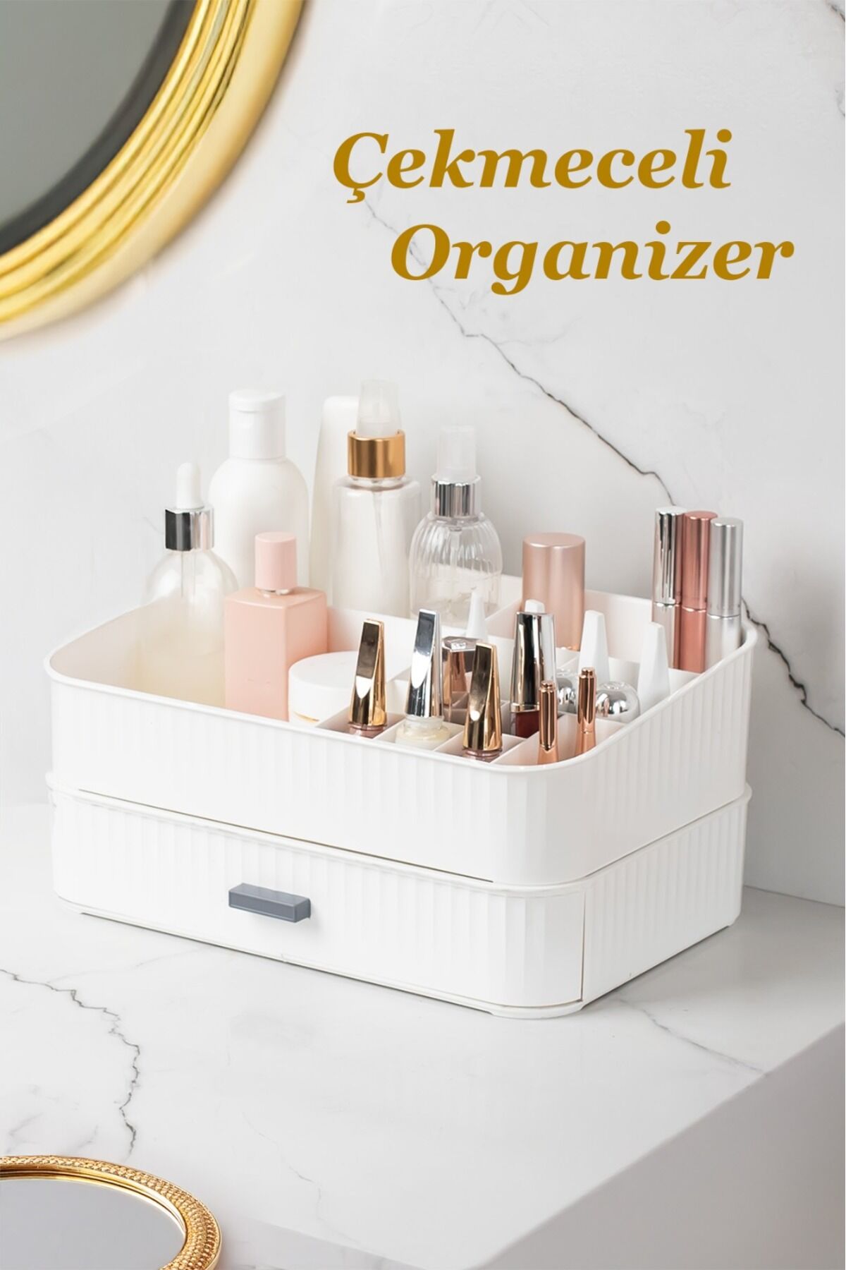 Beyaz 2 katlı makyaj ve takı organizeri, şık ve fonksiyonel düzenleyici.