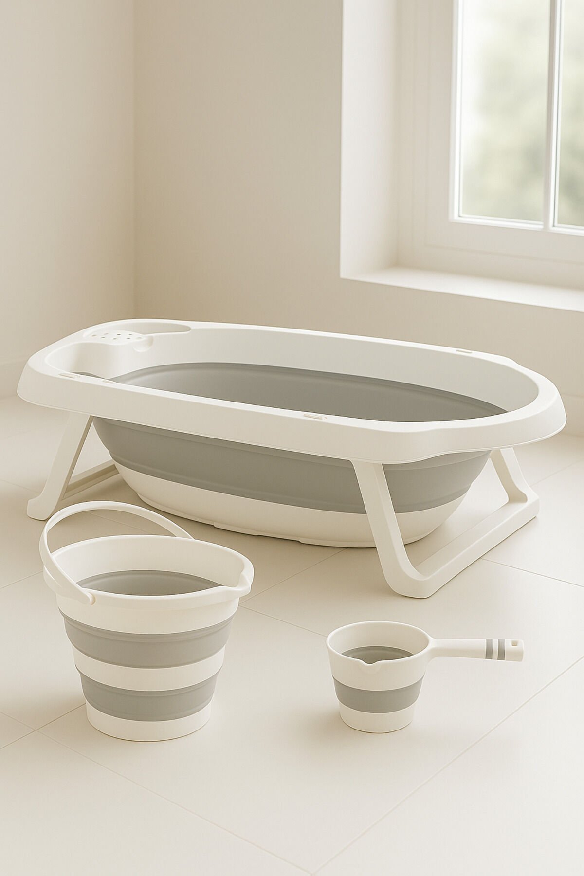 Katlanır Bebek Küveti Seti – Kova ve Maşrapalı, Taşınabilir, Katlanabilir, Pratik Banyo Seti