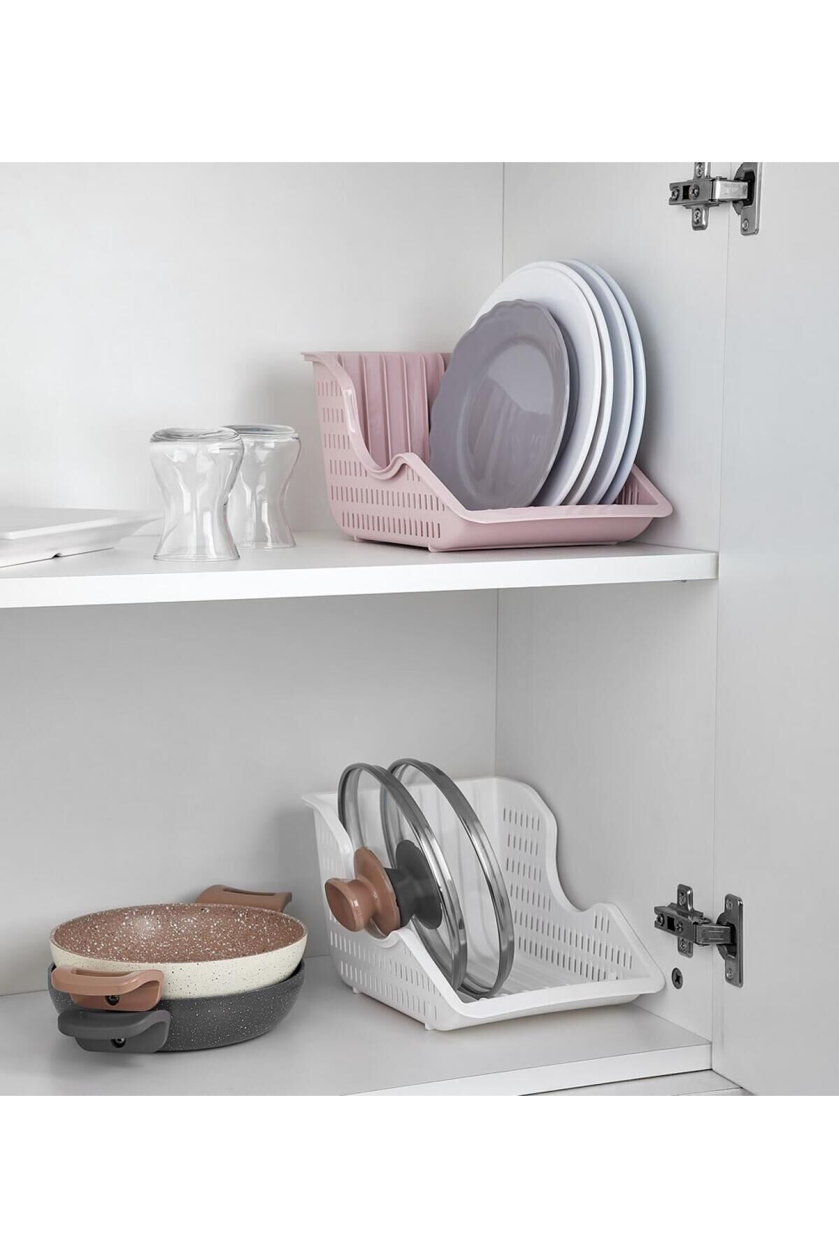 Dolap İçi Tabak ve Kapak Düzenleyici - Plastik Raf İçi Düzenleme Sepeti