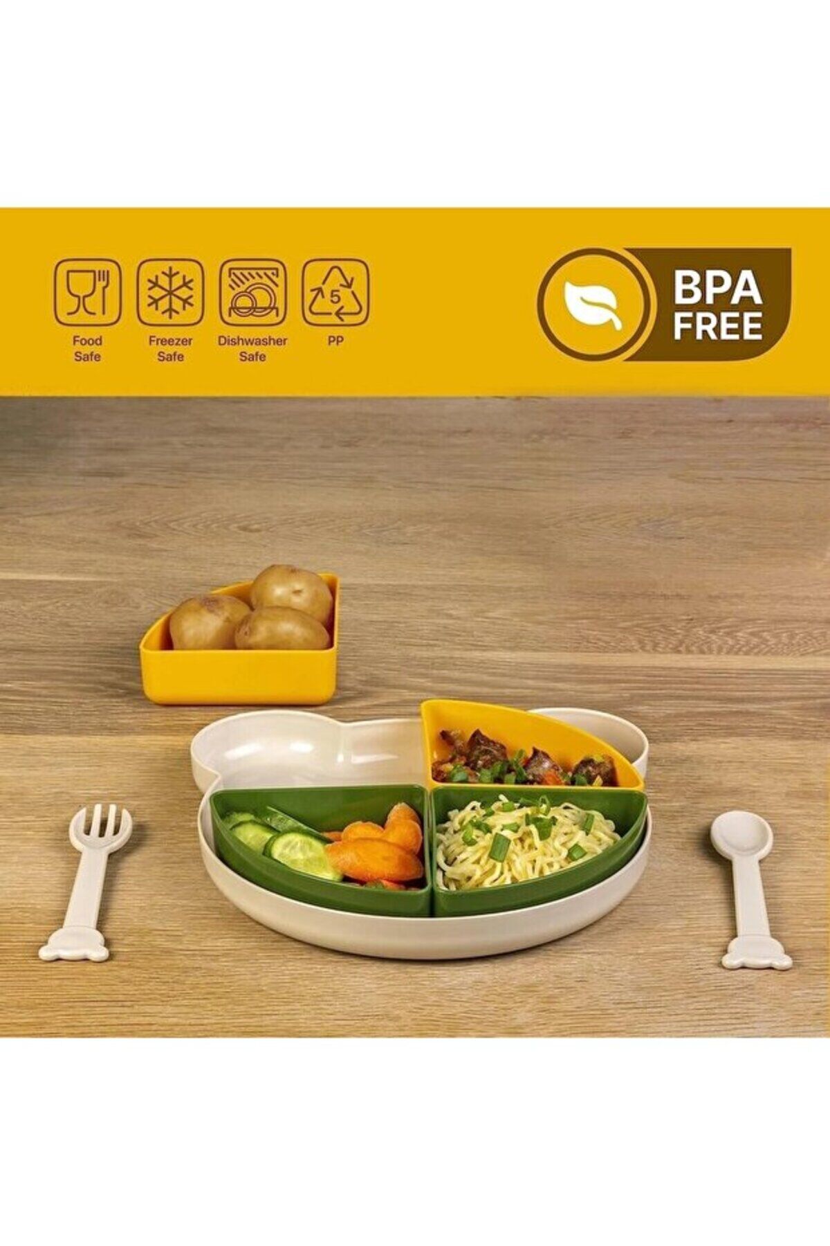 BPA Free Bölmeli Bebek Mama Tabağı Seti – Çatal Kaşık Dahil, Gıda ve Bulaşık Makinesi Uyumlu