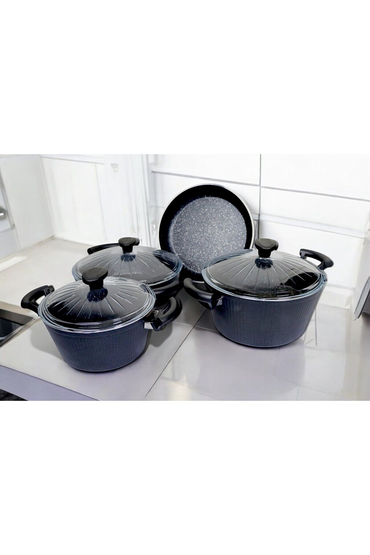 7 Parça Granit Kaplama Tencere Seti Şık Granit Kaplama Tencere Seti