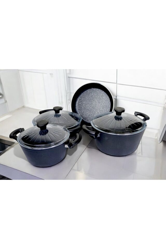 7 Parça Granit Kaplama Tencere Seti Şık Granit Kaplama Tencere Seti