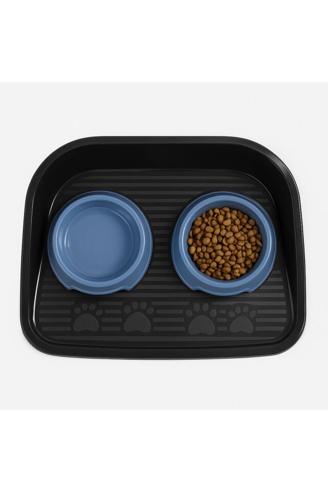 Kaymaz Tabanlı Kedi Köpek Mama Su Kabı Seti – 2’li Mavi Kaplı, Siperlikli Hijyenik Mama Altlığı