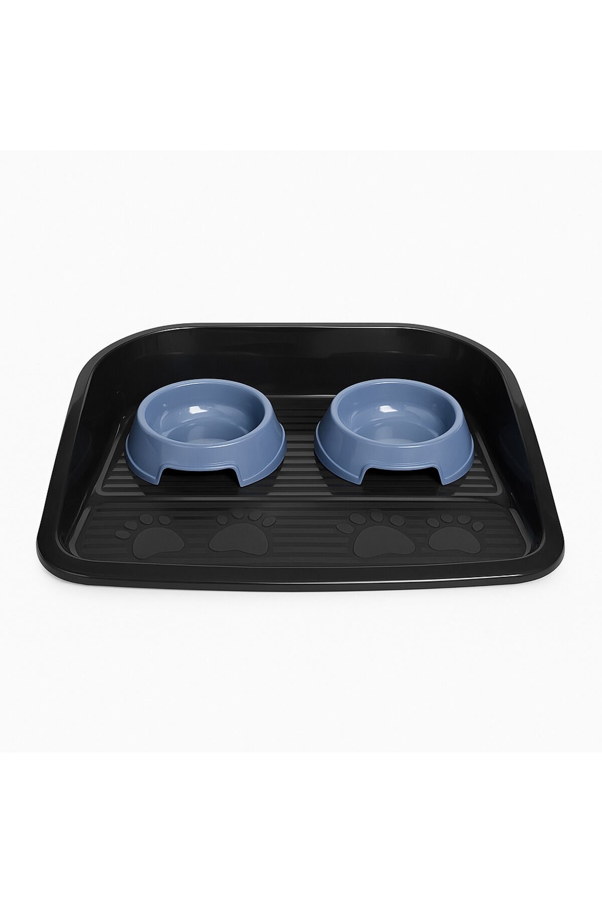 Kaymaz Tabanlı Kedi Köpek Mama Su Kabı Seti – 2’li Mavi Kaplı, Siperlikli Hijyenik Mama Altlığı