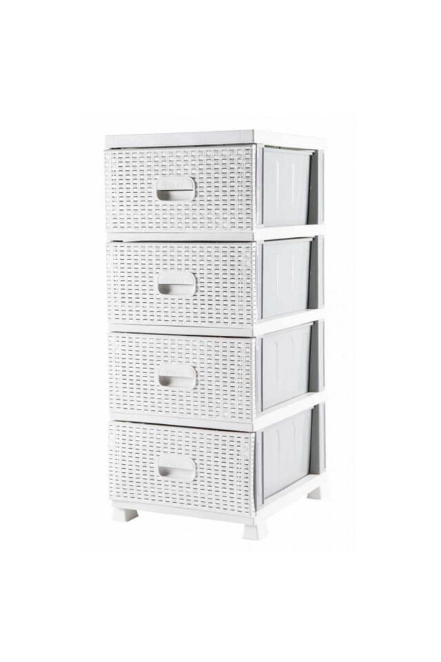 Beyaz Raddan Komodin 4 Çekmeceli Büyük Boy Modern Tasarım Plastik Komidin