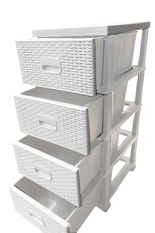 Beyaz Raddan Komodin 4 Çekmeceli Büyük Boy Modern Tasarım Plastik Komidin