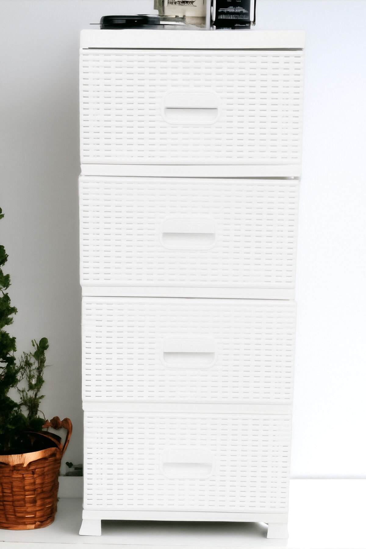 Beyaz Raddan Komodin 4 Çekmeceli Büyük Boy Modern Tasarım Plastik Komidin