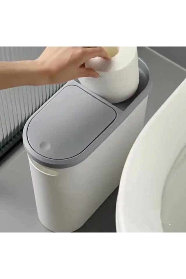Kapaklı Dar Tasarım Çöp Kovası – 10 Litre, Banyo ve Mutfak İçin Pratik Kullanım, Modern Tasarım Gri