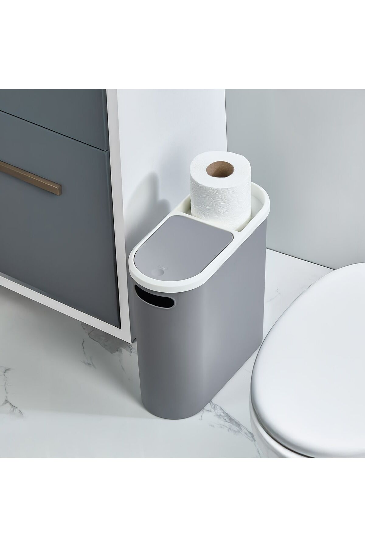 Kapaklı Dar Tasarım Çöp Kovası – 10 Litre, Banyo ve Mutfak İçin Pratik Kullanım, Modern Tasarım Gri