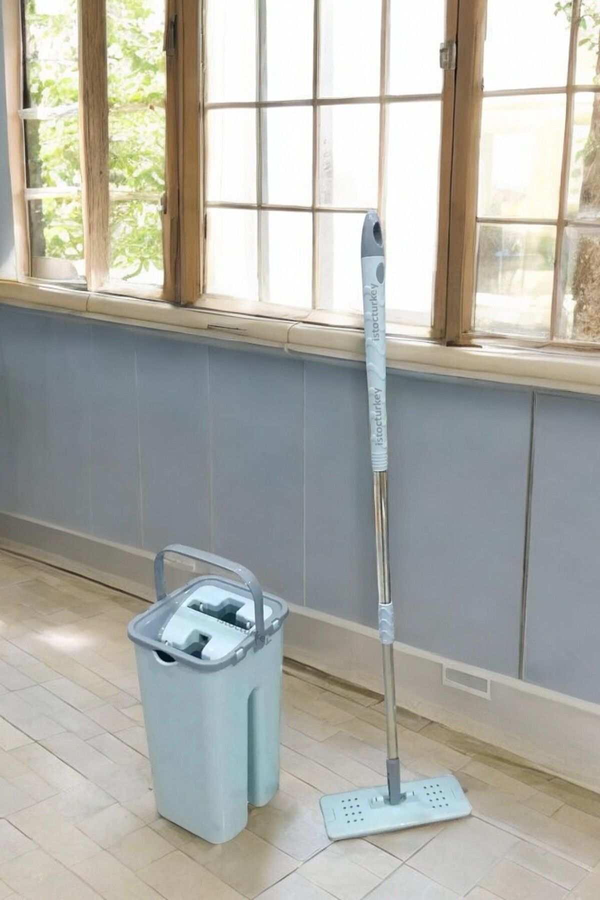 Çift Bölmeli, Ergonomik Mop Temizlik Seti 4 4 Litre - Kolay Sıkılabilir Pratik Microfiber Mop Seti Mavi