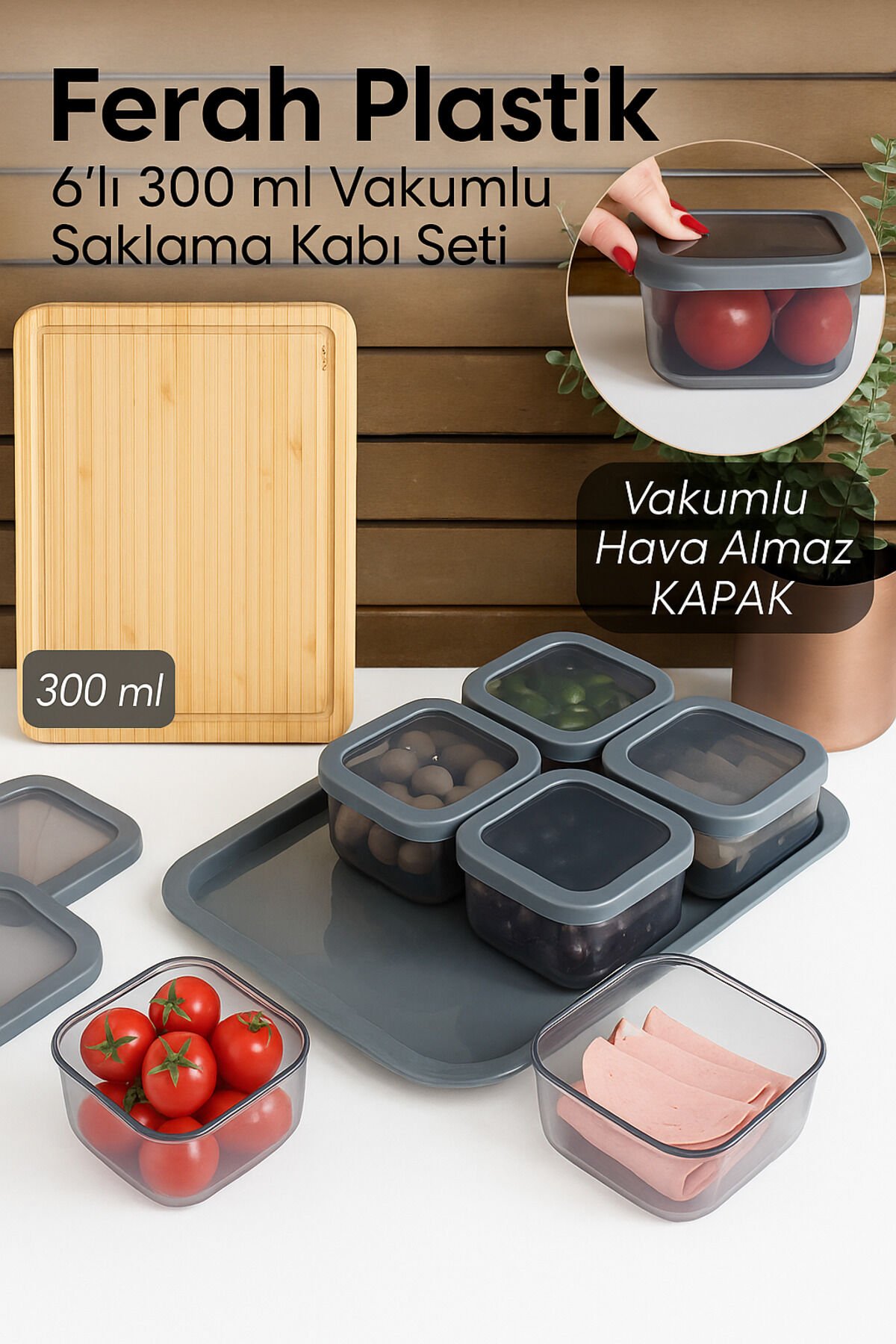 6'lı 300 ml Vakumlu Saklama Kabı Seti – Hava Geçirmez Kapaklı, kahvaltı seti Gri