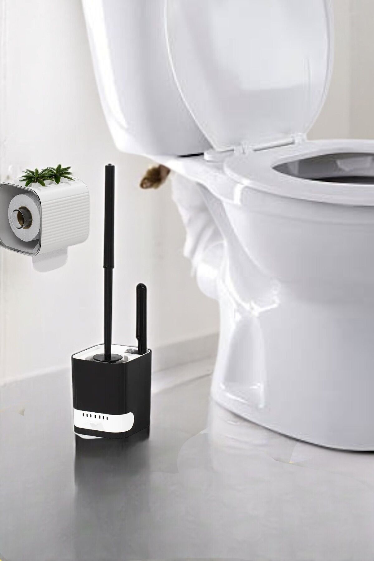 Wc Fırça Ve Tuvalet Kağıtlığı Seti Şık Tuvalet Kağıtlığı Ve Wc Fırçası Antrasit Siyah Beyaz