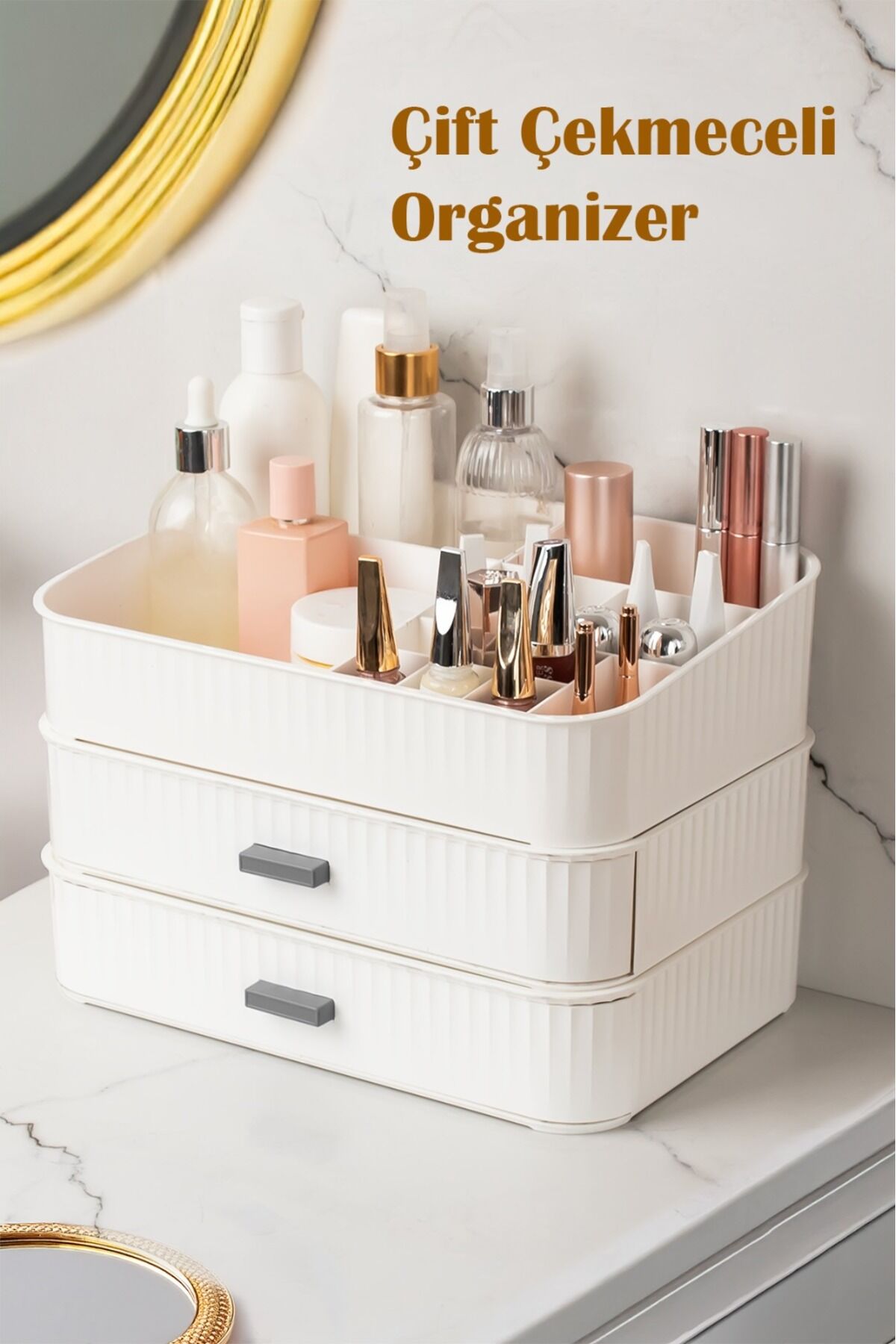 3 katlı makyaj ve takı organizer Beyaz