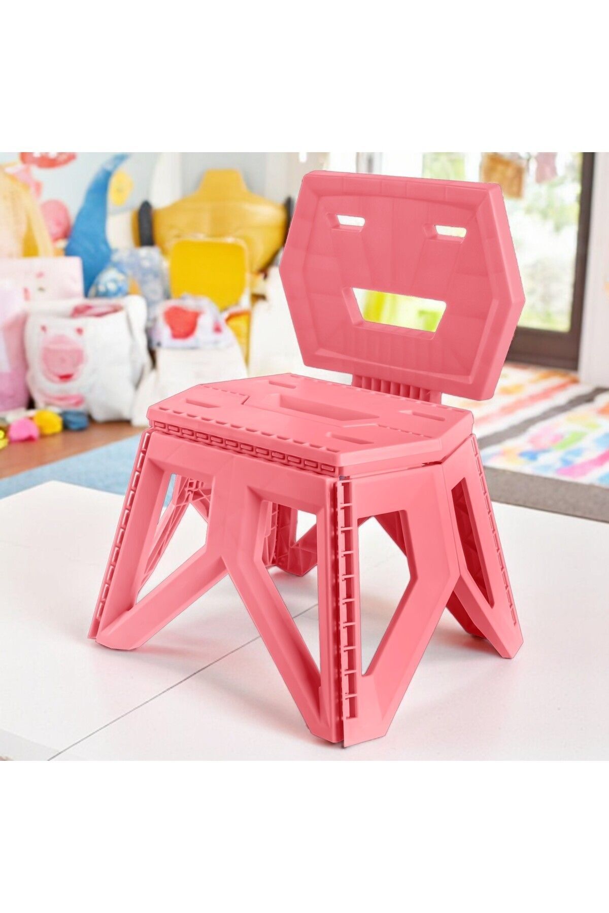 Modern Geometrik Katlanabilir Çocuk Kamp Sandalyesi, Taşınabilir, Konforlu, İdeal Dış Mekan Pembe