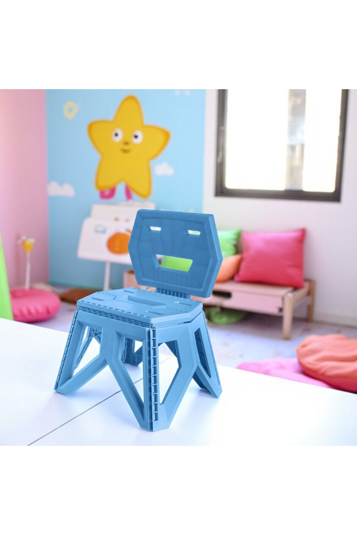Modern Geometrik Katlanabilir Çocuk Kamp Sandalyesi, Taşınabilir, Konforlu, İdeal Dış Mekan Mavi